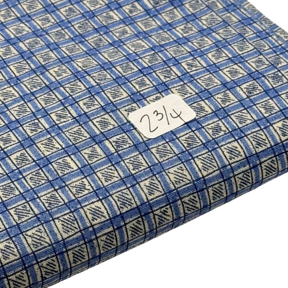 Vintage Plaid Geometric Square Pattern Fabric Blue White 2.75 Yards Cotton 44" W